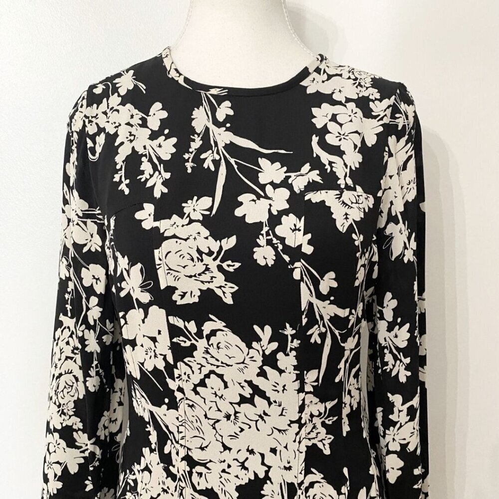 REISS GABRIELLA BLACK WHITE FLORAL LONG SLEEVE MINI DRESS - 2 - Picture 6 of 12